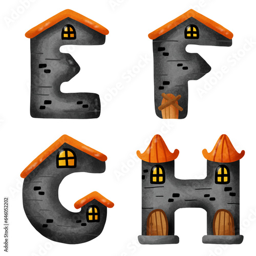 english letters Haunted House Halloween Concept. D, E, F, G.