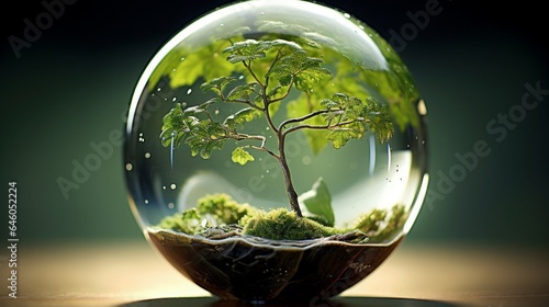 1 Capture an image of a glass globe with intricate  fractal-like patterns formed by swirling leaves and water droplets  symbolizing the natural origins of renewable energy