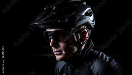 Confident biker wearing sports helmet and sunglasses, riding motorcycle competitively generated by AI