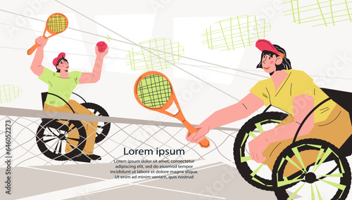 Wheelchair tennis competition banner or poster design with disabled women playing sports, flat cartoon vector illustration. Concept of inclusion and sports for people with disabilities.