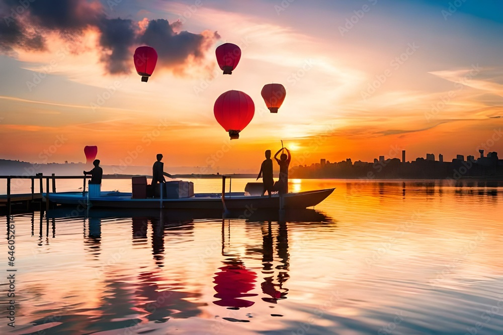 boat with sky lanterns at the lake in romantic sunset clouds sky