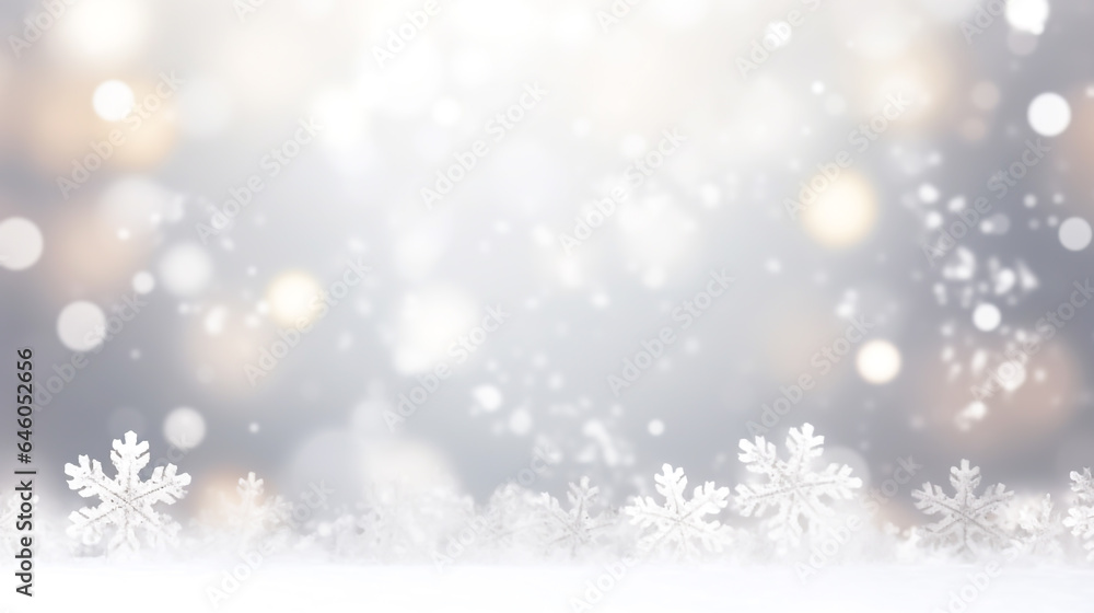 Shiny white christmas bokeh light background with snowflake, defocus luxury romantic light decoration, abstract blurred glitter xmas holiday card invitation design with copy space ai generate Shiny white christmas bokeh light background with snowflake, defocus luxury romantic light decoration, abstract blurred glitter xmas holiday card invitation design with copy space ai generate
