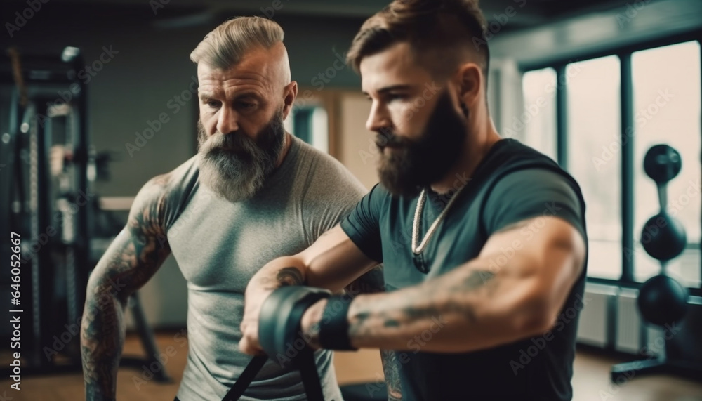 Mature adult holding dumbbell, exercising for healthy lifestyle and wellbeing generated by AI Mature adult holding dumbbell, exercising for healthy lifestyle and wellbeing generated by AI