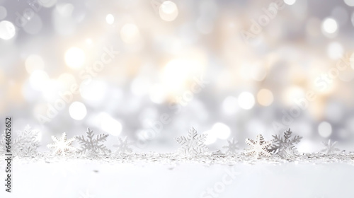 Shiny white christmas bokeh light background with snowflake, defocus luxury romantic light decoration, abstract blurred glitter xmas holiday card invitation design with copy space ai generate