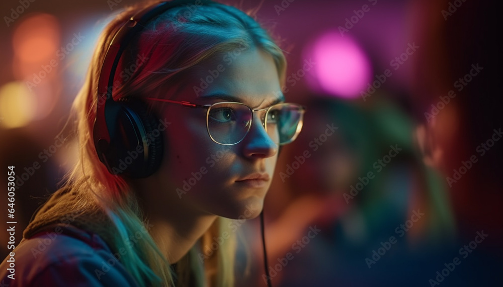 Smiling young women clubbing in casual clothing, enjoying city nightlife generated by AI Smiling young women clubbing in casual clothing, enjoying city nightlife generated by AI