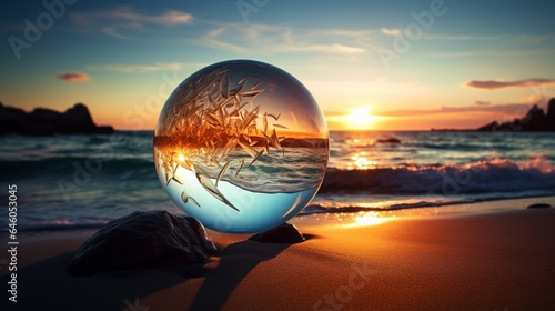A mesmerizing photograph of a glass globe floating above a serene ocean at sunset  with wind turbines and solar panels visible on the horizon  symbolizing the beauty of marine and solar energy