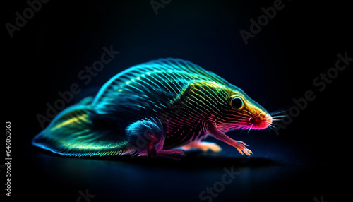 Blue aquatic dragon tail glows in multi colored underwater motion generated by AI