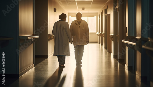 Two adults walking together, standing in love, indoors, full length generated by AI © Stockgiu