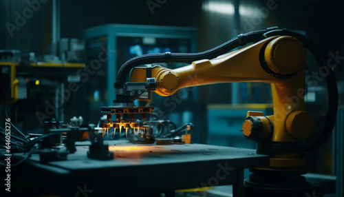 Futuristic metal workshop with automated machinery and robotic arms generated by AI