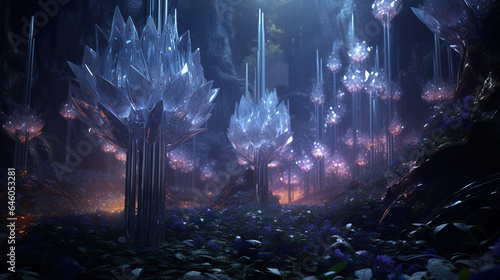 depiction of crystal orb-shaped forest at twilight bubbles bloom like exotic flower #646053281