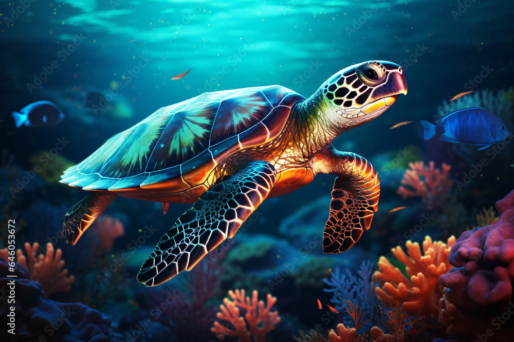 an underwater sea turtle swimming under a colorful light ocean. an underwater sea turtle swimming under a colorful light ocean.