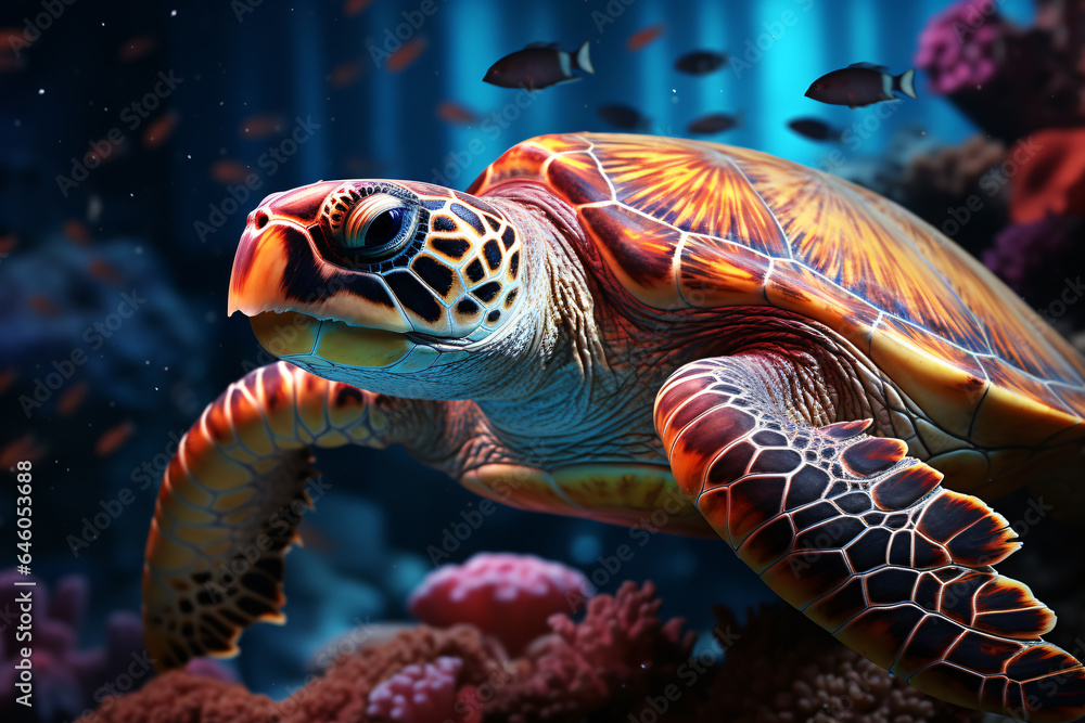 Obraz premium an underwater sea turtle swimming under a colorful light ocean.