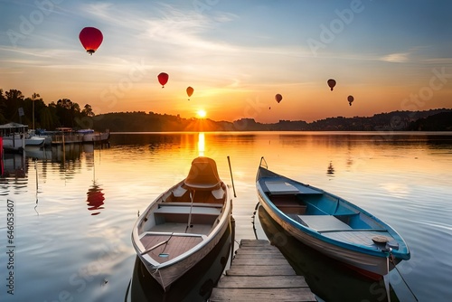 boat with sky lanterns at the lake in romantic sunset clouds sky