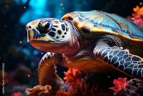 an underwater sea turtle swimming under a colorful light ocean.