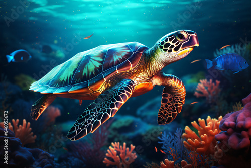 an underwater sea turtle swimming under a colorful light ocean. © Sara_P