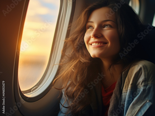 Woman in the airplane looking out window © Ser_Studio