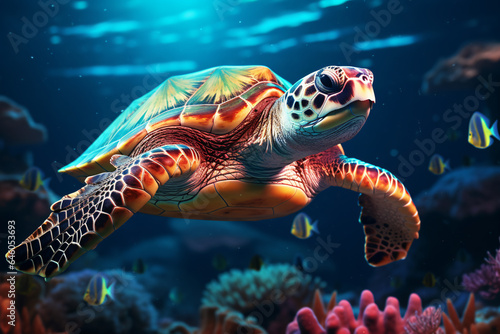 an underwater sea turtle swimming under a colorful light ocean.