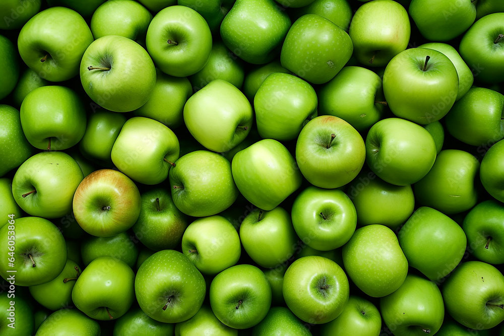 Overhead Perspective of Green Apple on Raw Fruit and Vegetable Background - Created with Generative AI Tools Overhead Perspective of Green Apple on Raw Fruit and Vegetable Background - Created with Generative AI Tools