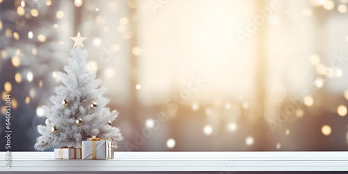 White empty mock up wood table with blurred Christmas lights in background 
