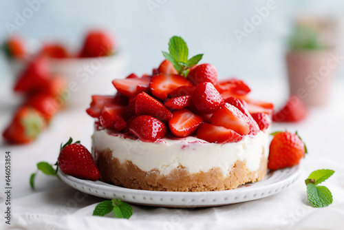 No Bake Cheesecake with Fresh Strawberries on White Wooden Background - Created with Generative AI Tools