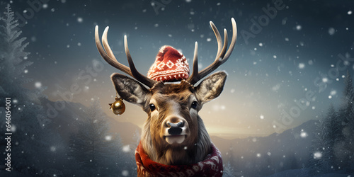 Happy and cute Christmas reindeer with a red hat, background © TatjanaMeininger