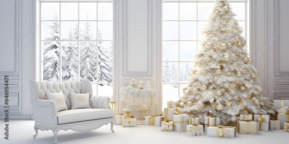 Modern Christmas room white interior with decorated Xmas tree and presents Modern Christmas room white interior with decorated Xmas tree and presents