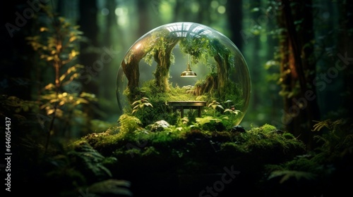 1 Produce an enchanting scene featuring a glass globe emitting a soft, calming glow in a serene forest clearing, representing the tranquility of sustainable illumination © Khalida