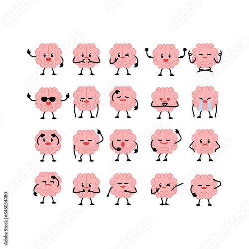 Cartoon brain character illustration. Funny cartoon brain character drawing set. Smart brain with lightbulb, sleeping, farting, thinking, training and dead. Cute vector hand drawn illustration.