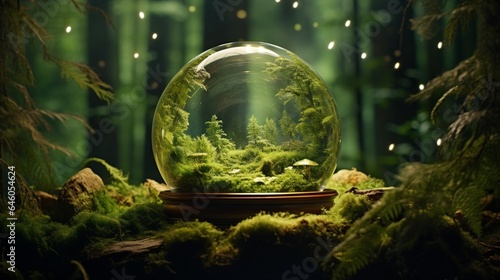 1 Produce an enchanting scene featuring a glass globe emitting a soft, calming glow in a serene forest clearing, representing the tranquility of sustainable illumination