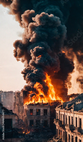 Burning old house in the city. Fire in the city. The concept of the consequences of war