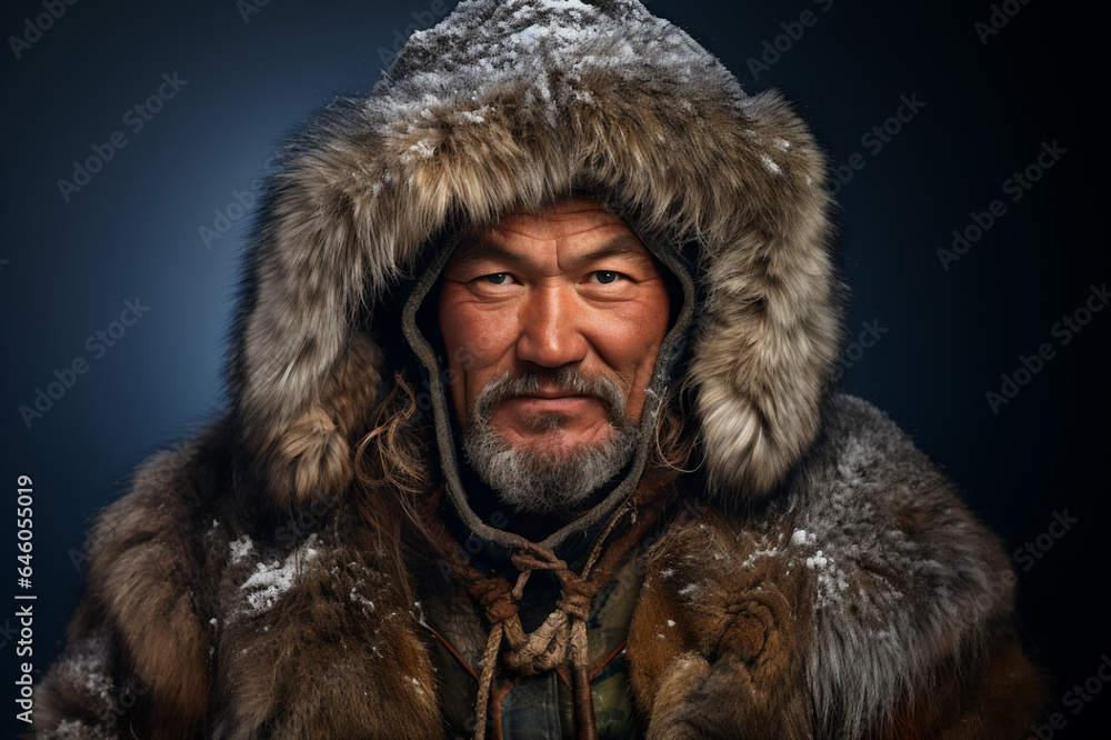 Portrait of Siberian Russian man with coat and fur cap isolated on blue background Portrait of Siberian Russian man with coat and fur cap isolated on blue background