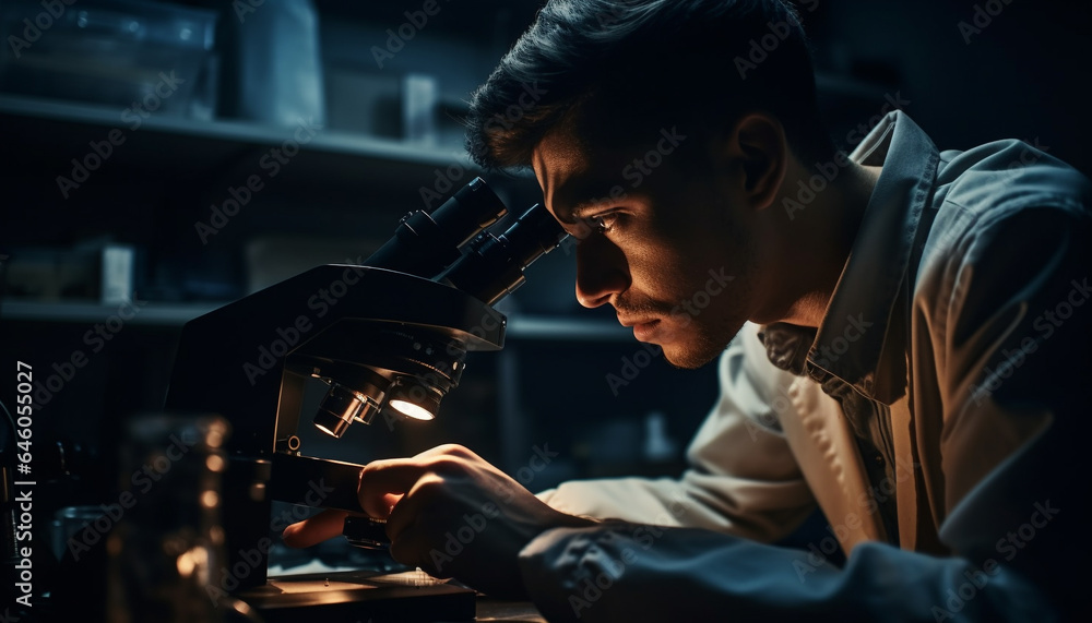 Expert scientist analyzing machinery in dark laboratory with selective focus generated by AI