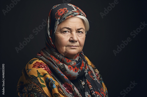 Portrait of mature Russian woman of 70-80 years with traditional clothing and babushka headscarf isolated on black background photo