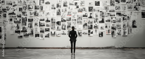 A woman standing in front of a collection of images on a wall. Art gallery. Art exhibition. Bold. photo