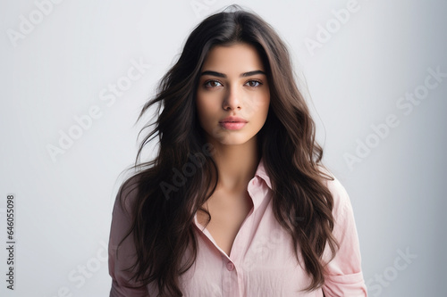 Portrait of Turkish teen girl with long brown hair isolated on gray background
