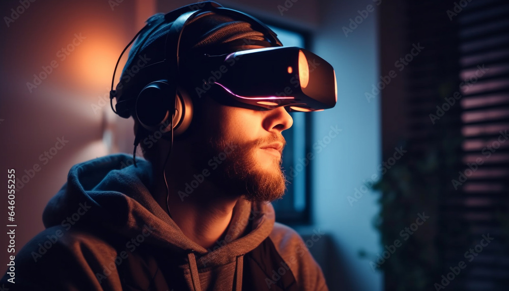 Young adult males enjoy wireless technology and virtual reality simulator generated by AI Young adult males enjoy wireless technology and virtual reality simulator generated by AI