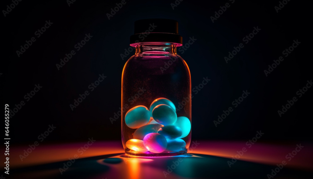 Antibiotic capsule spills from bottle on black background, glowing yellow generated by AI Antibiotic capsule spills from bottle on black background, glowing yellow generated by AI