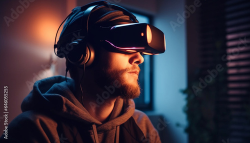 Young adult males enjoy wireless technology and virtual reality simulator generated by AI © Stockgiu