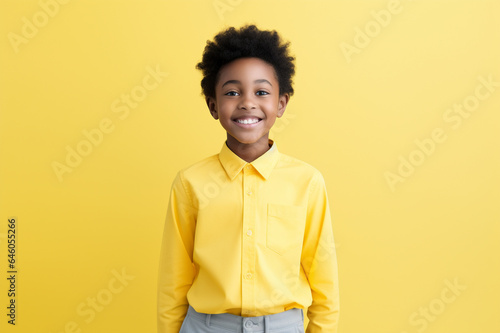Portrait of smiling african american pre-teen boy isolated on yellow background