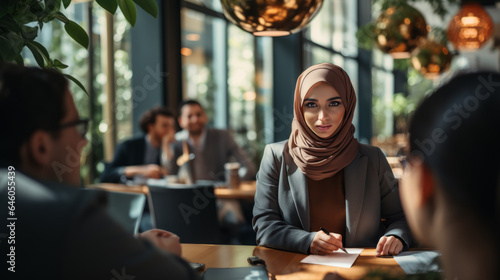 A muslim woman wearing a hijab in an office. Having a meeting over coffee. Smiling. Friendly. Diversity. Inclusion. Belonging. DEI. DEIB photo