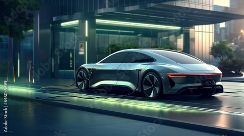 A futuristic electric car plugged into a sleek and efficient charging station