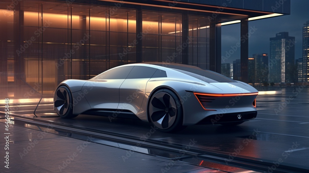 Obraz premium A futuristic electric car plugged into a sleek and efficient charging station