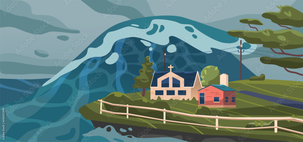 Tsunami Wave Mercilessly Swallows A Serene Countryside Area On Shore With Church And Cottage House, Vector Illustration