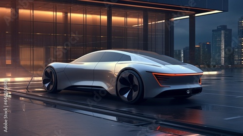 A futuristic electric car plugged into a sleek and efficient charging station