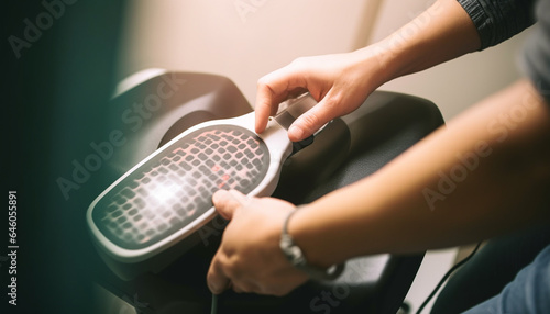 Young adult Caucasian woman driving car, holding hand on dashboard generated by AI