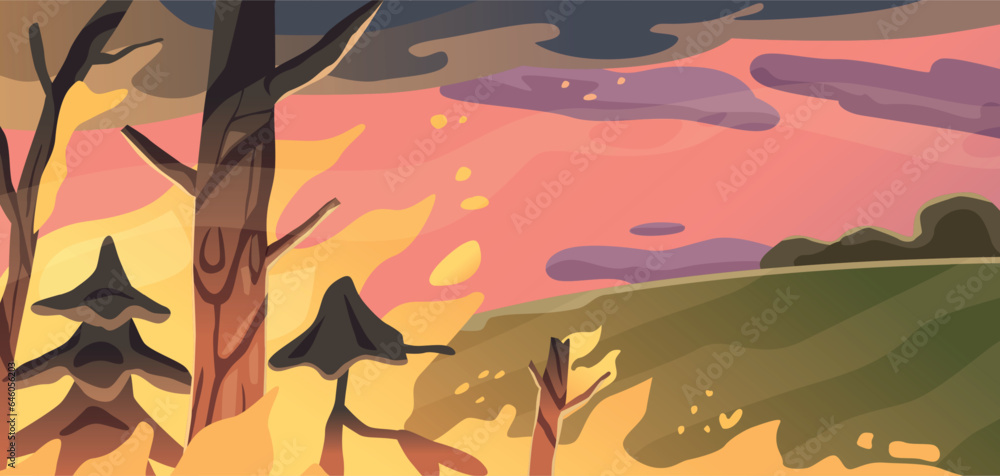 Forest Fire Natural Disaster, Devastating Event Where Flames Engulf Wooded Areas, Destroying Ecosystems, Vector Forest Fire Natural Disaster, Devastating Event Where Flames Engulf Wooded Areas, Destroying Ecosystems, Vector