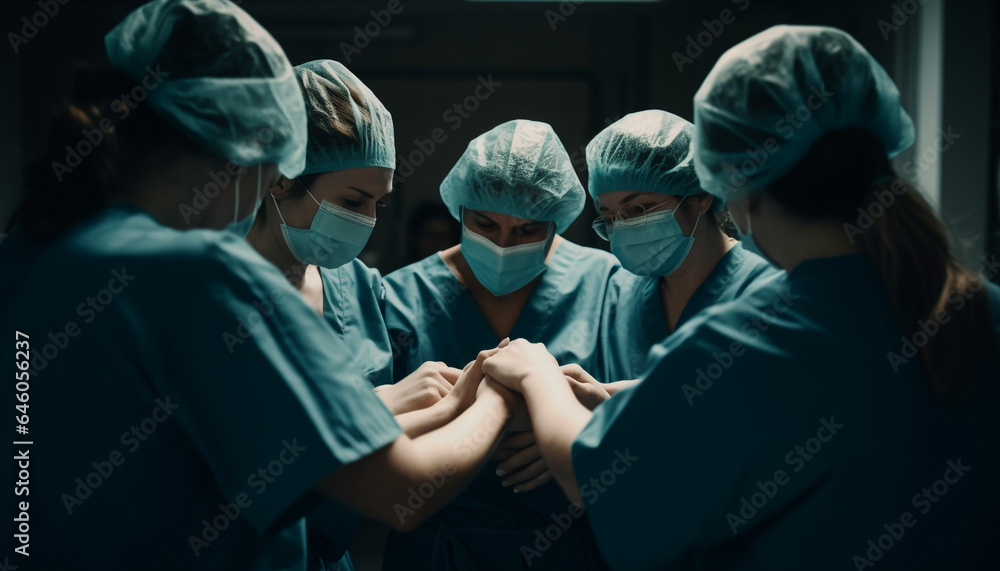 Medical team in surgical masks and scrubs operating with expertise generated by AI Medical team in surgical masks and scrubs operating with expertise generated by AI
