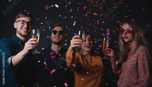 Young adults enjoy a celebratory toast at a party generated by AI