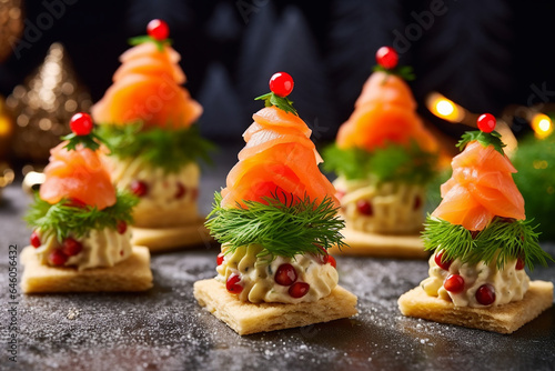 Festive Christmas Tree Canapé with Cucumber Slice, Salmon Pate, and Red Caviar - Created with Generative AI Tools photo