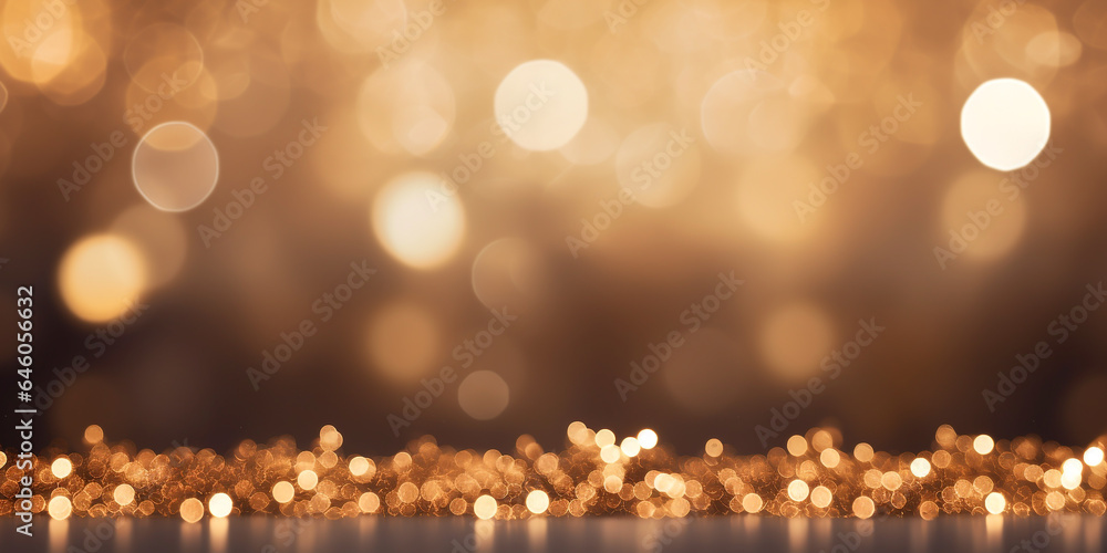 Shiny luxury bokeh christmas festival background, blur glitter snow winter backdrop with empty wooden table top for product display, golden festive new year holiday card with copy space Ai generated Shiny luxury bokeh christmas festival background, blur glitter snow winter backdrop with empty wooden table top for product display, golden festive new year holiday card with copy space Ai generated